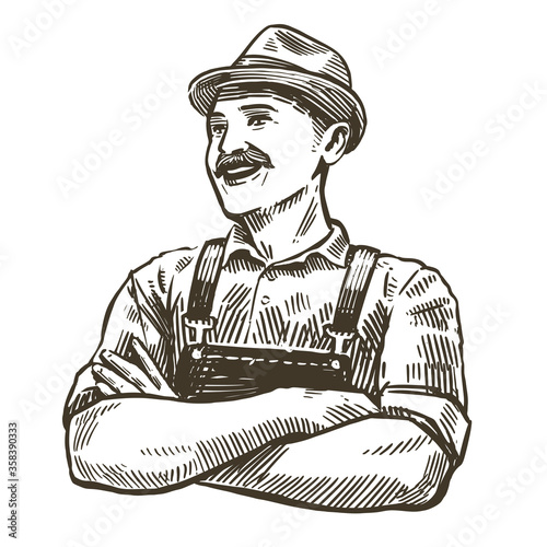 Hand-drawn sketch happy farmer. Farming, agriculture vintage vector illustration