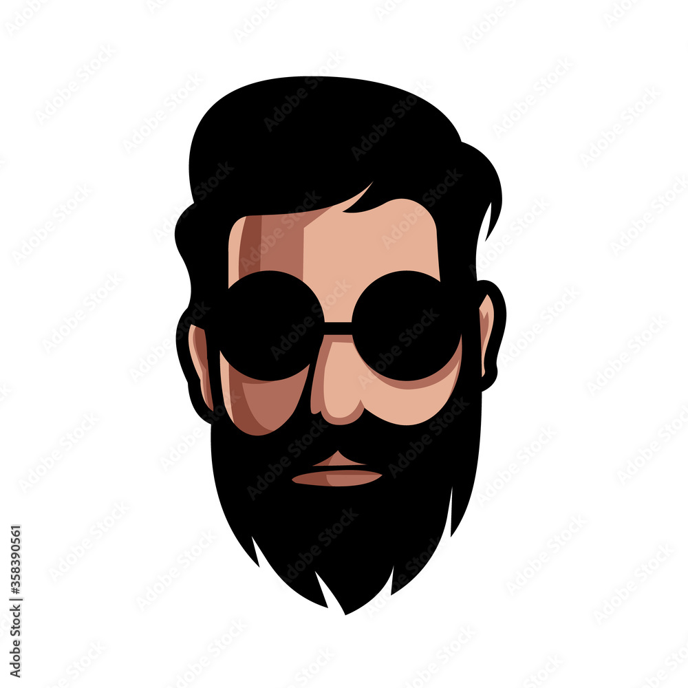 Bearded man wearing a sunglasses cartoon mascot character. isolated hipster man with a cool expression