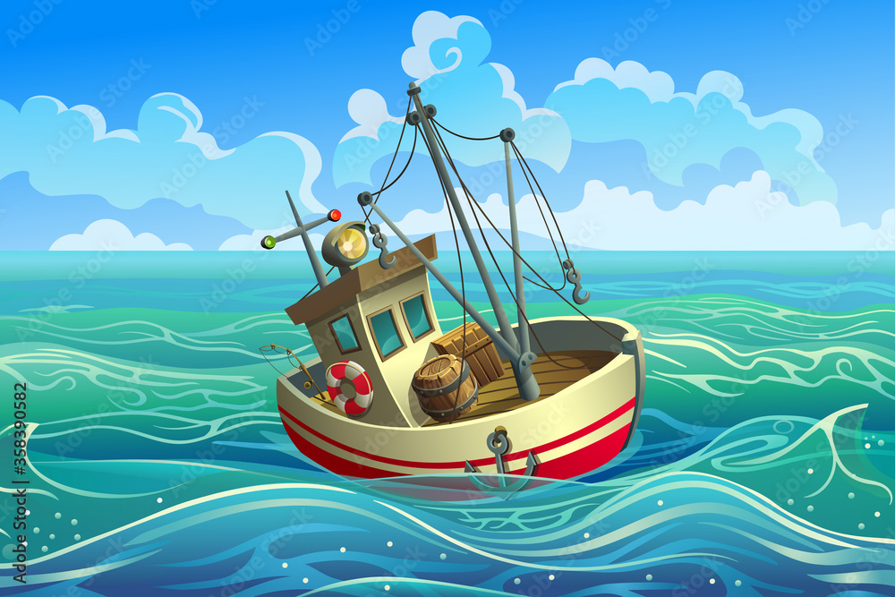 Vector ship. Trawler. Fishing boat with mast in the sea. Stock