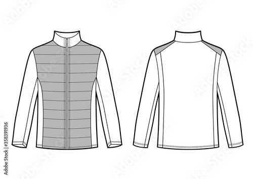 Vector illustration of men jacket. Sport clothes. Front and back views. Black and white sketch