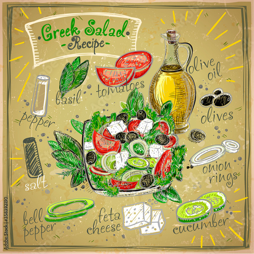 Greek salad recipe chalkboard design, salad menu with ingredients