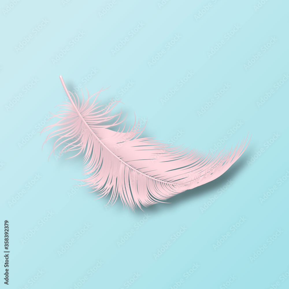 Obraz premium Vector 3d Realistic Falling Pink Fluffy Twirled Flamingo Feather Icon Closeup Isolated on Blue Background. Design Template, Clipart of Angel or Bird Detailed Feather