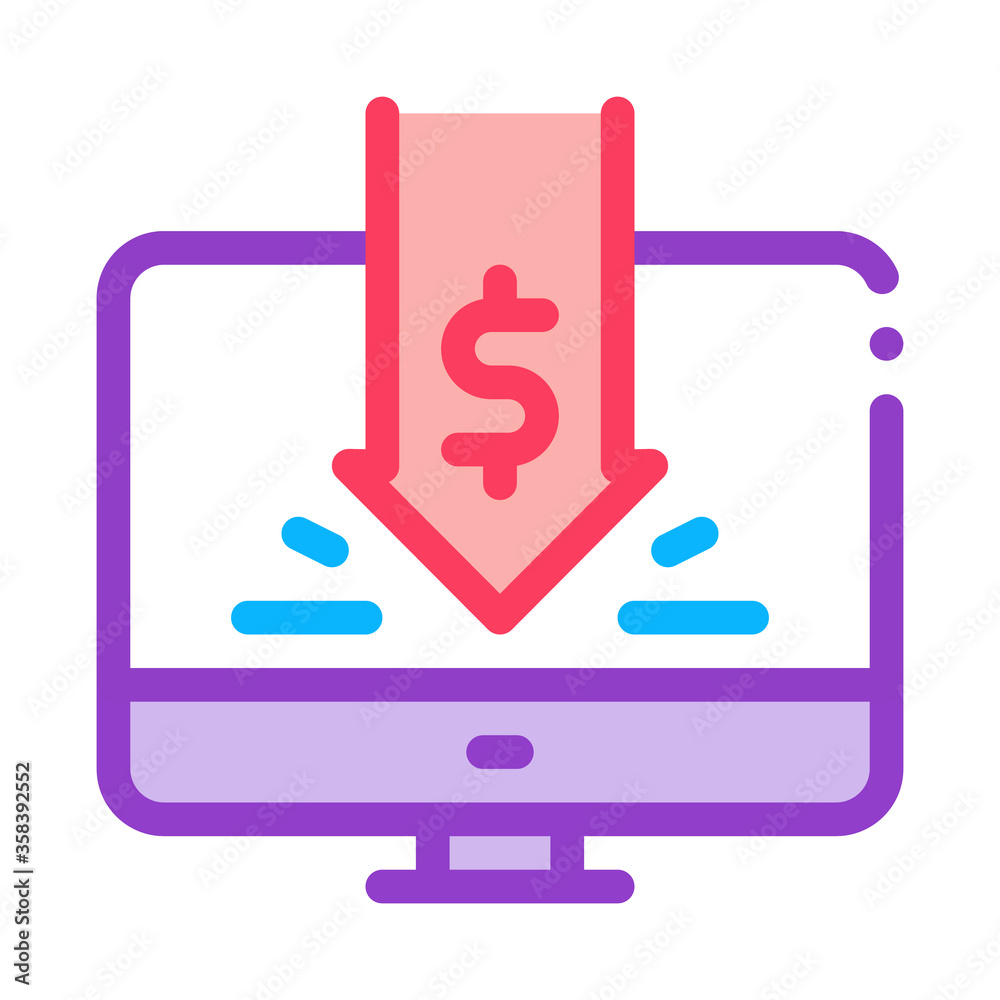 dropped cash investment in computer icon vector. dropped cash investment in computer sign. color symbol illustration dropped cash investment in computer icon vector. dropped cash investment in computer sign. color symbol illustration