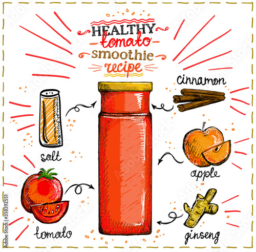 Healthy tomato smoothie recipe, veggie cocktail menu with tomato, apple, ginseng and cinnamon