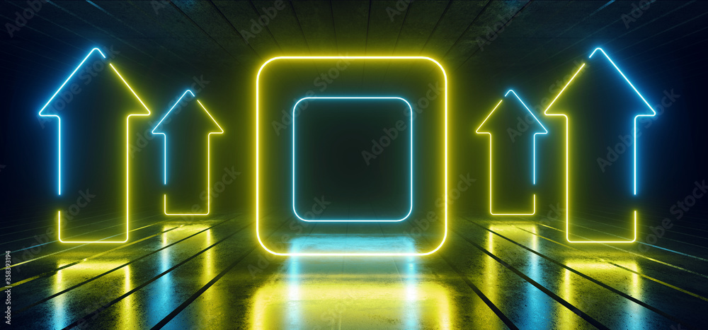 Sci Fi Neon Laser Glowing  pointer Arrows And Rectangle Yellow GReen Blue  Lights In Dark Garage Underground Concrete Metal Futuristic Alien Spaceship Modern Cyber Virtual Background 3D Rendering