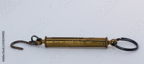 Vintage brass spring balance force gauge measuring device, weighing scale with hook and ring 