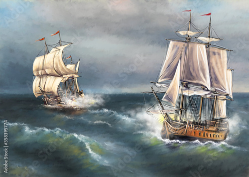 Obrazy Piraci  cyfrowe-obrazy-olejne-pejzaz-morski-zaglowce-na-morzu-statek-bojowy-dziela-sztuki