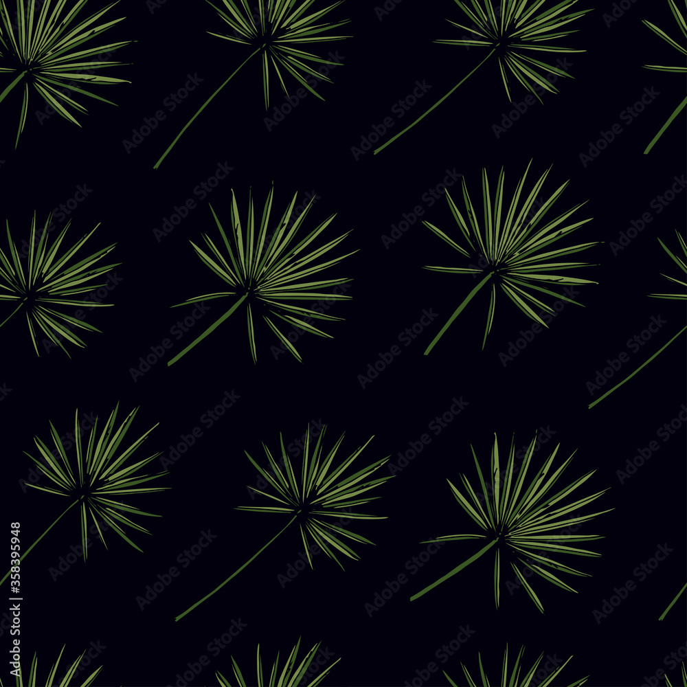 Hand drawn sketch style circle palm leaves on dark background seamless pattern. Color illustration. Hand drawn sketch style circle palm leaves on dark background seamless pattern. Color illustration.