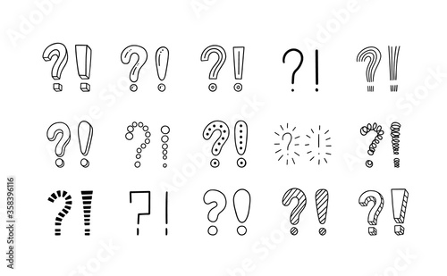 Set of handwritten question marks and exclamation point. Doodle, sketch style. Doodle pictures isolate on white. Vector illustration on white background. Symbols of problem, trouble, confusion.