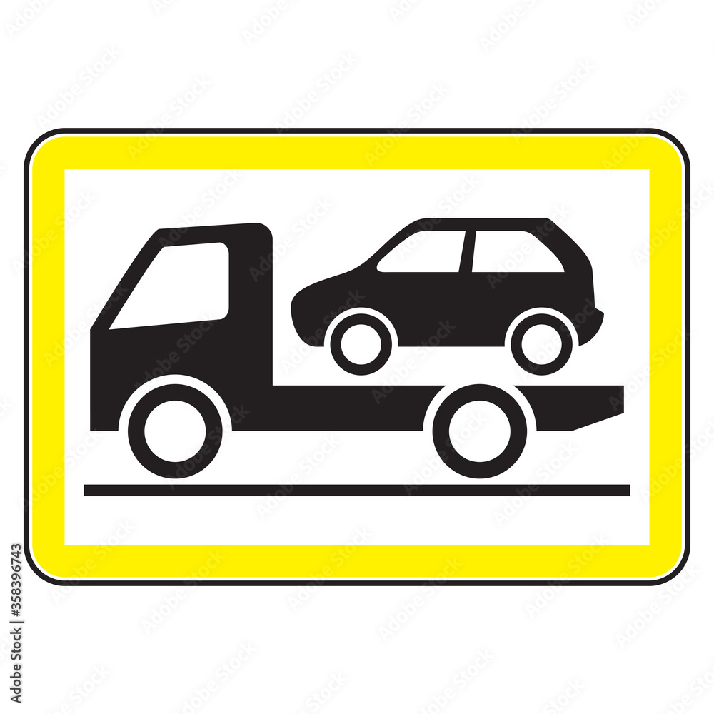 Traffic sign of a tow truck. Rectangular shape with a yellow border.