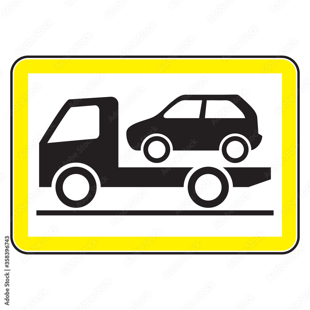 Traffic sign of a tow truck. Rectangular shape with a yellow border. Traffic sign of a tow truck. Rectangular shape with a yellow border.