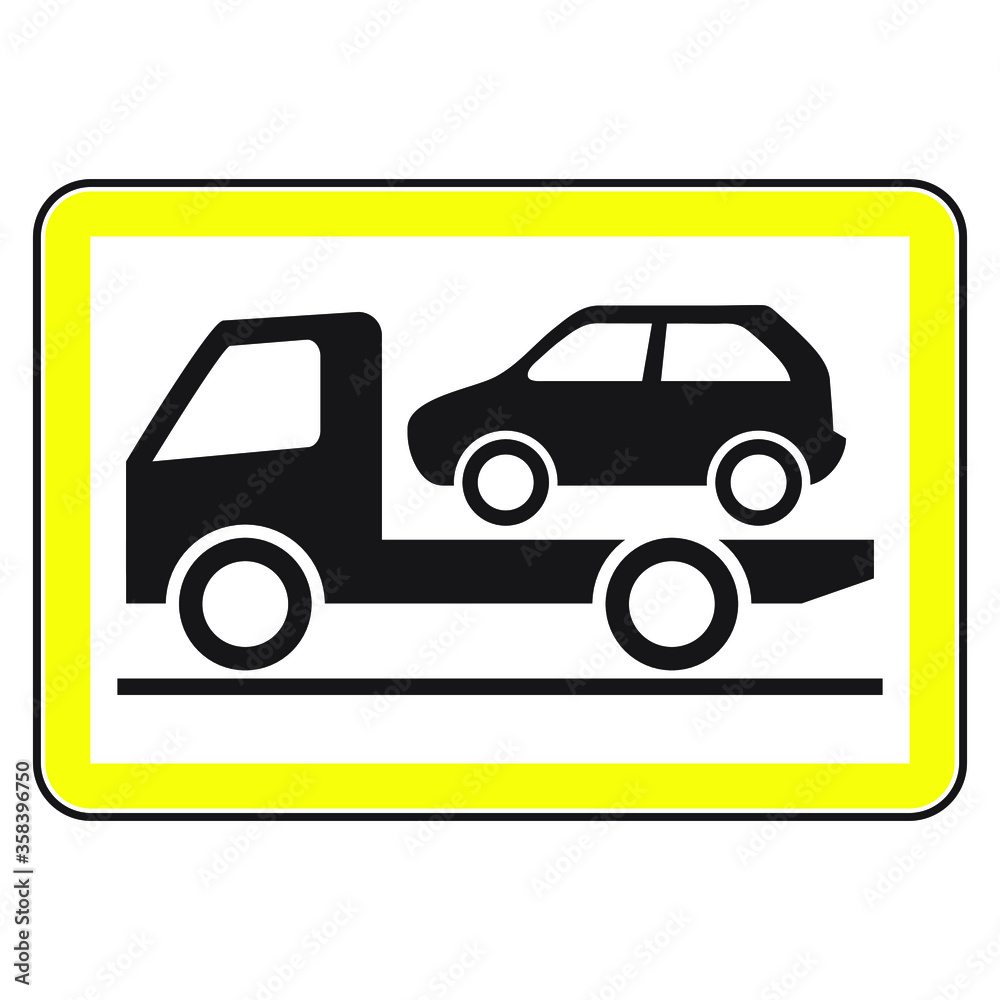 Traffic sign of a tow truck. Rectangular shape with a yellow border. Traffic sign of a tow truck. Rectangular shape with a yellow border.