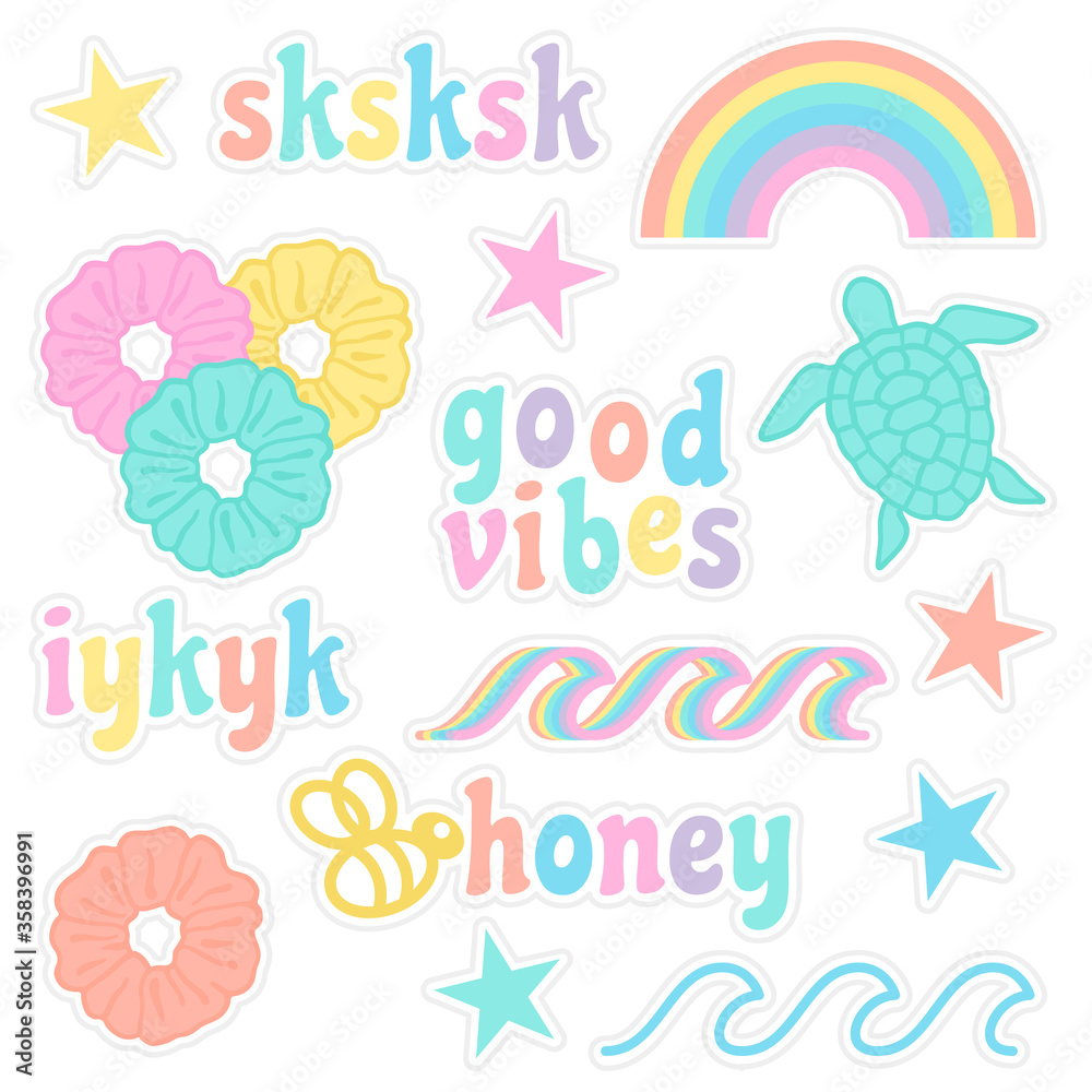 VSCO sticker pack. VSCO aesthetic collection. Sea turtle, scrunchie, rainbow, stars, wave and trensy quotes stickers pack. Vector. Stock Vector | Adobe Stock