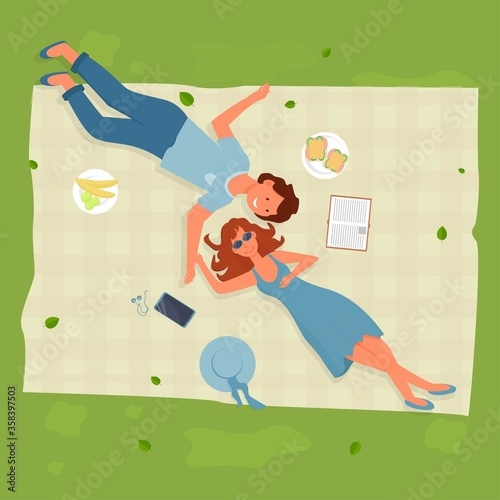 Young couple two people woman and man top view lying on grass barbecue outdoor romantic date stock vector illustration