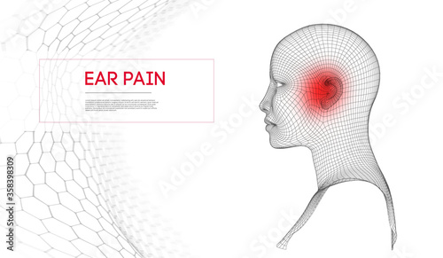 Woman with ear pain. Wireframe head 3d. Vector Illustration.