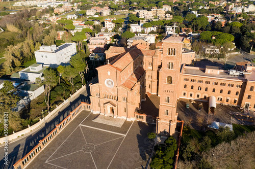 aerial view of the church of santa teresa in anzio on the lazio coast