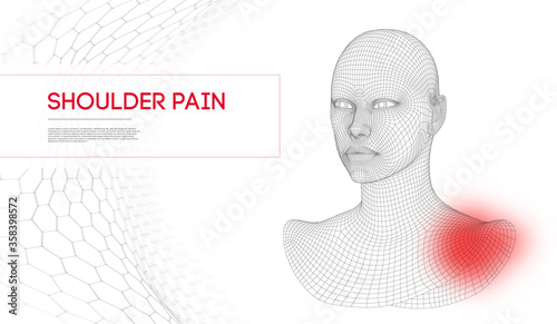Woman with shoulder pain. Wireframe head 3d. Vector Illustration.