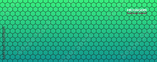 Vector abstract, geometric background, green-blue hexagonal shapes on a dark background. For banner, print design, social networks, place for text. Copyspace.