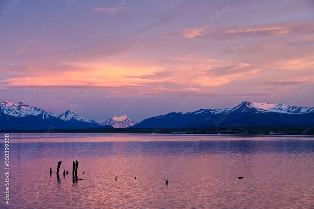 Sunrise over Seno Ultima Esperanza (Last Hope Sound), Puerto Natales, Patagonia, Chile