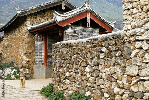 A dog stands outside the entrance to a traditional Naxi home, stone with a peaked tile roof, in the village of Yuhu near Lijiang, Yunnan Province, China