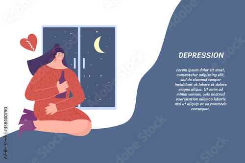 Sad woman is drinking wine. Depression, loneliness. Vector illustration with place for your text.