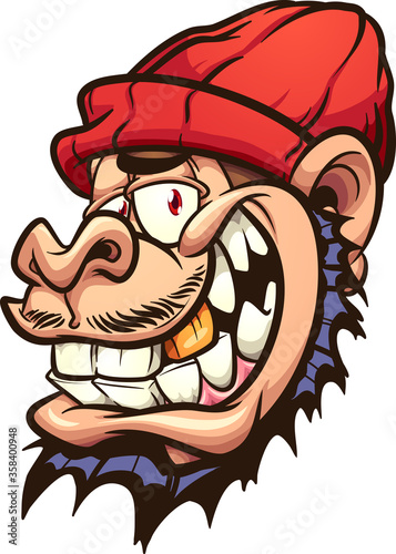 Cartoon monkey smiling with a read beanie hat and a golden tooth. Vector clip art illustration with simple gradients. All on a single layer.
