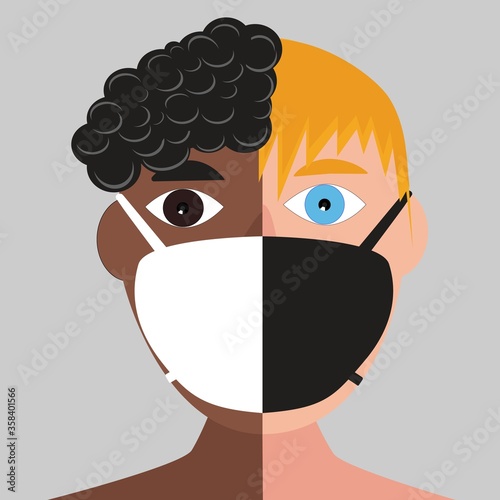 Faces of African-American and white men in masks with are divided in half and combined into one face as an equal sign. Justice and friendship. Symbol of the problem of racial inequality and racism.Eps