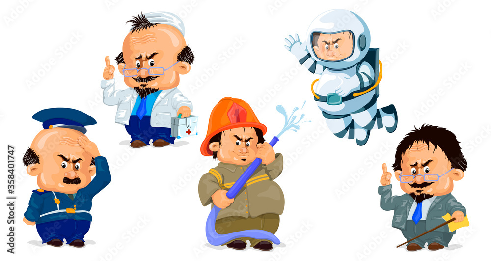 A set of vector characters of different professions. Police officer, doctor, fireman, astronaut, teacher A set of vector characters of different professions. Police officer, doctor, fireman, astronaut, teacher