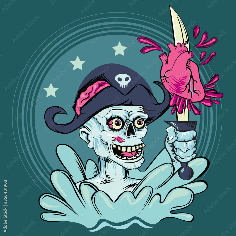 Zombie, dead pirate skull captain with a sword in his hand cuts the human heart in water. Zombie, dead pirate skull captain with a sword in his hand cuts the human heart in water.