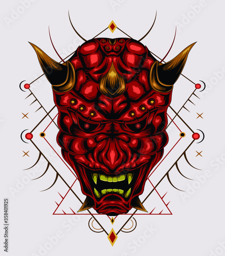 kabuki illustration. vector red devil face illustration. head of red demon. japanese demon mask