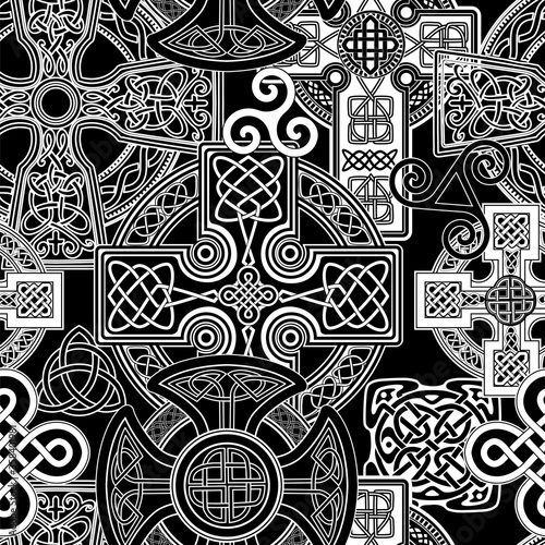 Scandinavian Celtic seamless wallpaper . Elegant monochrome patterns of celtic crosses and ethnic patterns of druids for textile print and men's design
