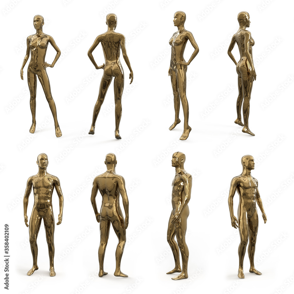 Metal chromed female and male mannequins for clothes. Side, front and back view. Commercial equipment for shop windows decoration. 3d illustration isolated on a white background. Metal chromed female and male mannequins for clothes. Side, front and back view. Commercial equipment for shop windows decoration. 3d illustration isolated on a white background.