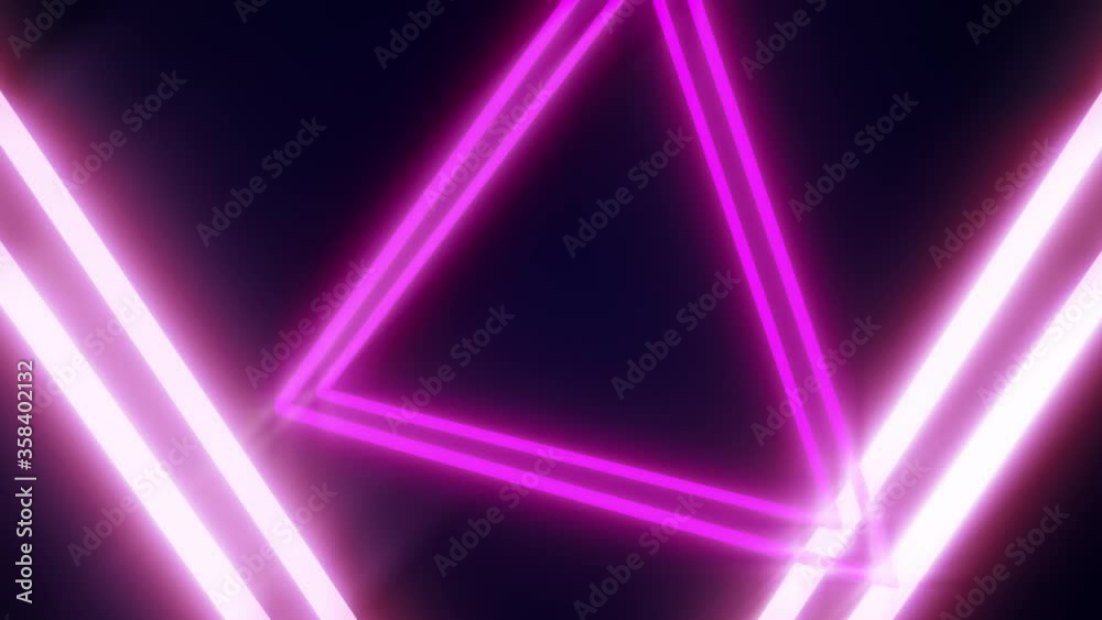 Abstract neon triangle shape dynamic motion. Retro wave bright glowing sci-fi backdrop. Light rays and flares. Trendy Retro futuristic style 80s, 90s. 3D Render. Graphic 4K Animation Abstract neon triangle shape dynamic motion. Retro wave bright glowing sci-fi backdrop. Light rays and flares. Trendy Retro futuristic style 80s, 90s. 3D Render. Graphic 4K Animation