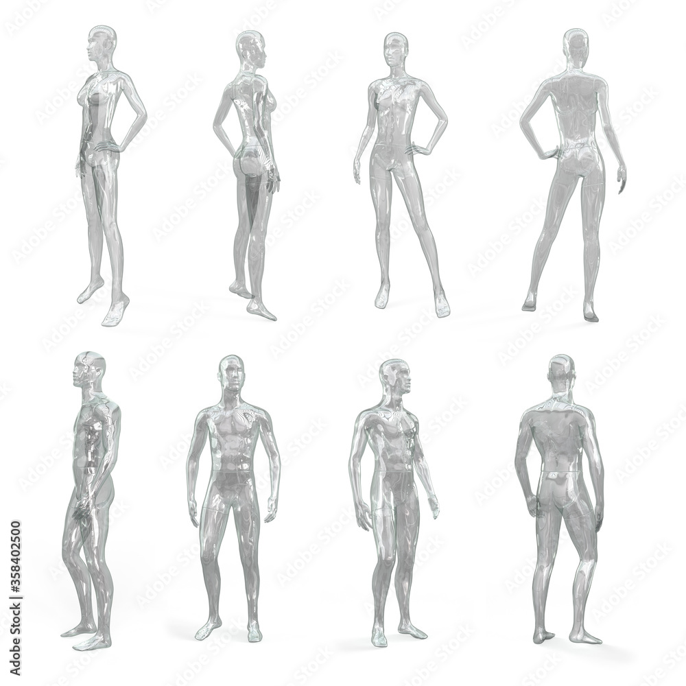 Set of female and male transparent shiny glass (plastic) mannequin for  clothes. Standing female and male invisible figure. Side, front and back  view. 3d illustration isolated on a white. Stock Illustration