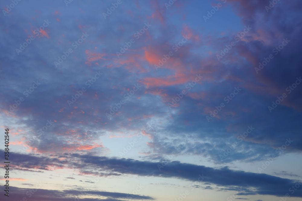 Cloudy sky at sunset before the rain. Background image of nature.