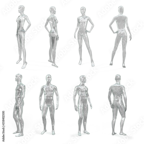 Set of female and male transparent shiny glass (plastic) mannequin for clothes. Standing female and male invisible figure. Side, front and back view. 3d illustration isolated on a white.