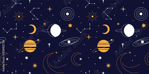 Seamless minimalist space pattern background. Includes, stars, moons, planets and more.