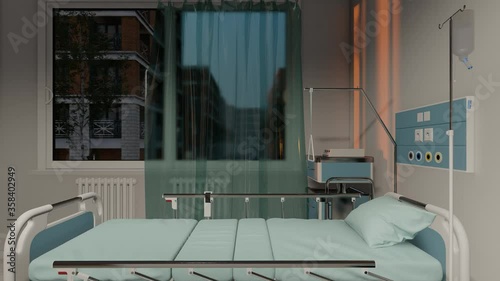 Medical Beds Separated by Nylon Curtains Inside a Recovery Room 3D Rendering