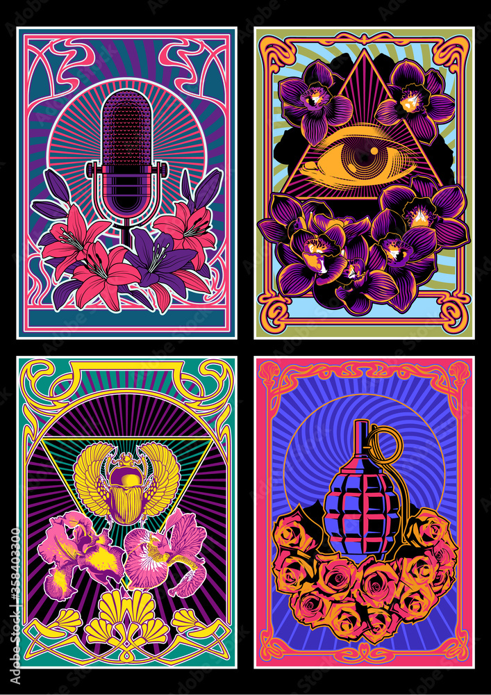 Psychedelic Posters 1960s Hippie Art Style, Microphone, Eye in Triangle, Egyptian Scarab