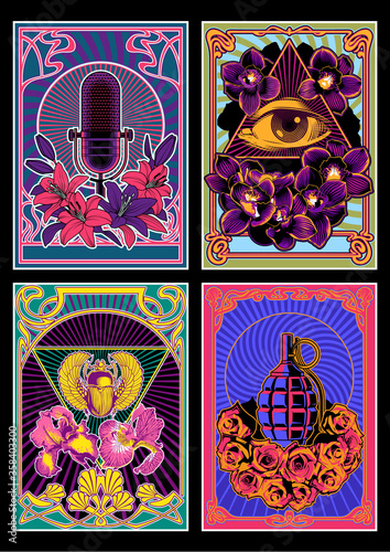 Psychedelic Posters 1960s Hippie Art Style, Microphone, Eye in Triangle, Egyptian Scarab, Grenade, Flowers Psychedelic Colors, Art Nouveau Frames