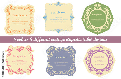 Graphic Illustration Material Baroque Style: Beautiful etiquette label design, ornament decorative ruled 6 types set