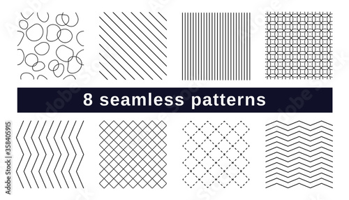 Set of 8 seamless patterns, black and white textures. Vector swatches with waves, cross, dots, lines, stones