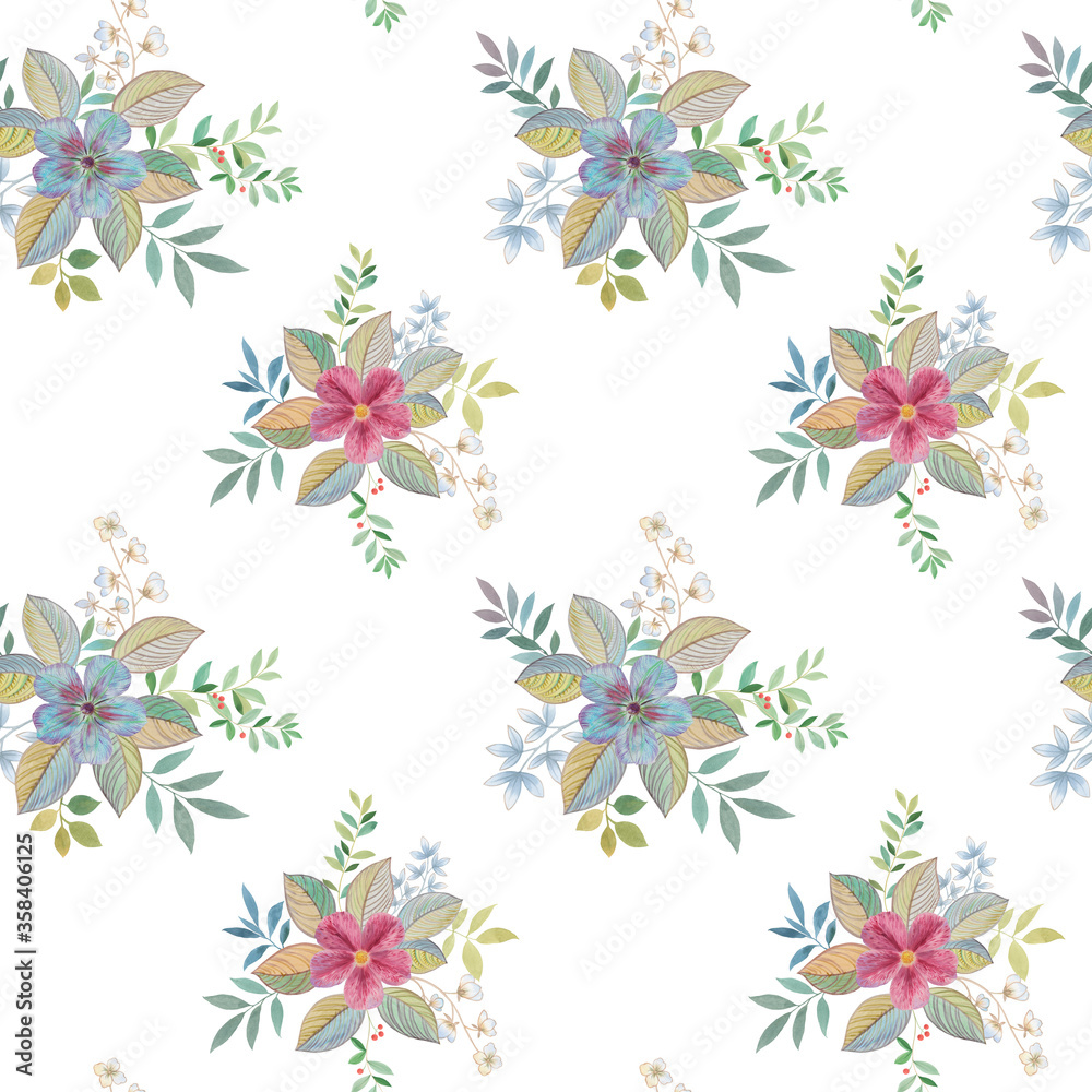 Seamless floral pattern on a white background. Art watercolor for design, packaging and printing. Abstract watercolor drawing.