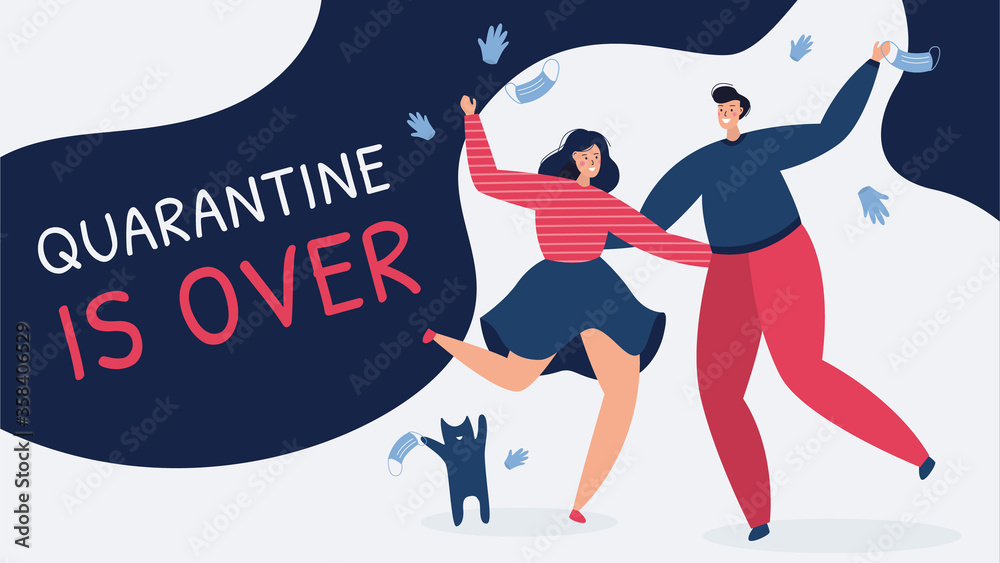 The covid pandemic finished, quarantine is over. A couple and cat are happy that the coronavirus epidemic lockdown end, tossing masks and gloves, celebrating. Vector illustration landing page banner The covid pandemic finished, quarantine is over. A couple and cat are happy that the coronavirus epidemic lockdown end, tossing masks and gloves, celebrating. Vector illustration landing page banner