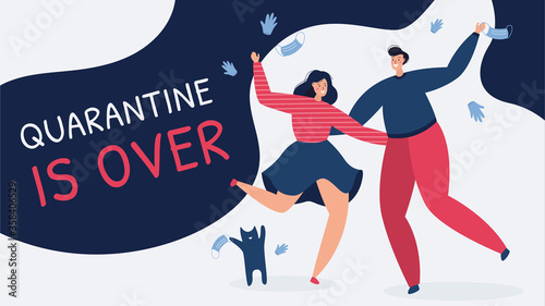 The covid pandemic finished, quarantine is over. A couple and cat are happy that the coronavirus epidemic lockdown end, tossing masks and gloves, celebrating. Vector illustration landing page banner