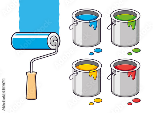 Blue paint roller brush with stroke and bucket cans different colors isolated