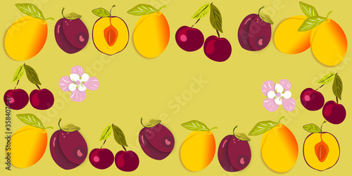 Collage of cherries, plums and apricots on a yellow background in the form of a rectangular frame for text. Banner, postcard, advertisement.