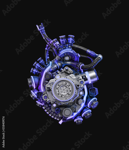 Steel robotic heart in blue-violet color, futuristic replacement organ, 3d rendering on black background