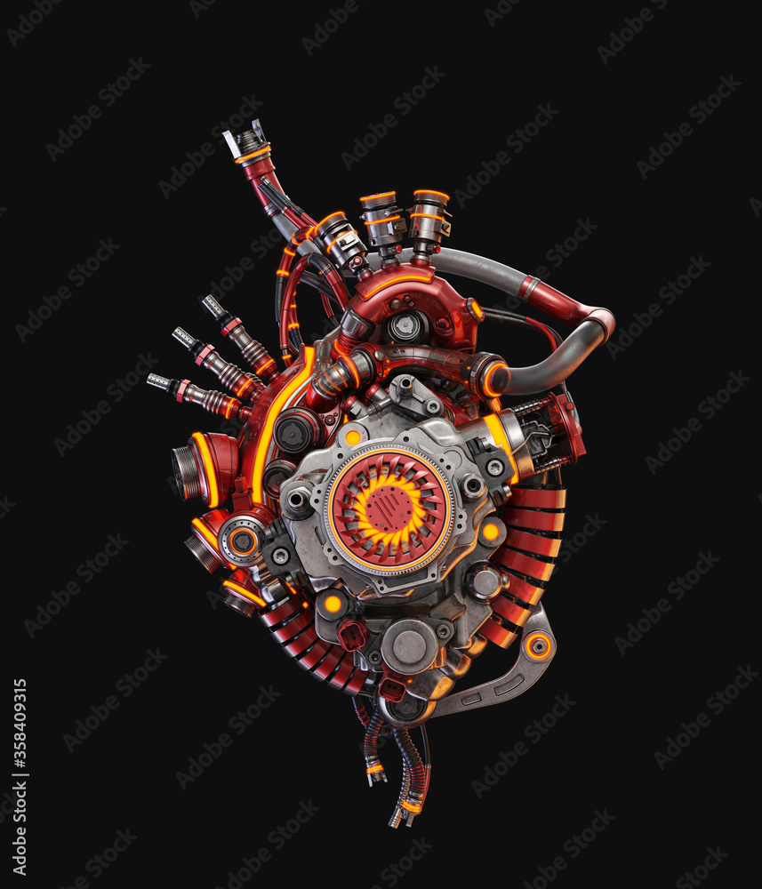 Steel robotic red heart with yellow lighting, futuristic replacement organ, 3d rendering on black background Steel robotic red heart with yellow lighting, futuristic replacement organ, 3d rendering on black background