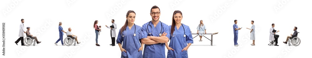 Young medical team with patients and doctors behind Young medical team with patients and doctors behind